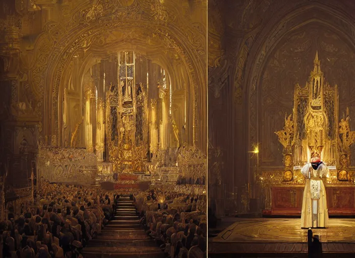 Prompt: worship of the pope, royal robe, gold trim, light effect, hyper detailed, intricate, atmospheric, elegant, photorealistic by michael komarck, greg rutkowski, victo ngai, artgerm, willem claesz heda and j. dickenson