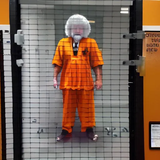 Prompt: jailphoto of a cute bob ross dressed as an inmate inside jail