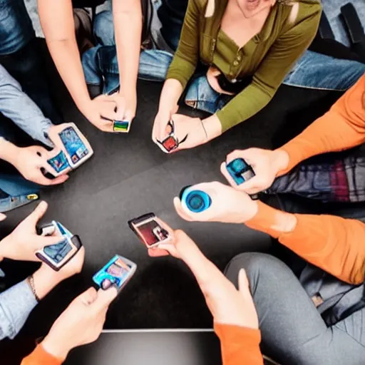 Prompt: a group of adults playing games on their phones while sitting in circle, unreal engine