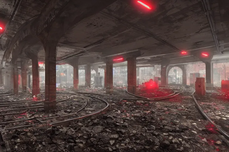 Prompt: ruined, abandoned, underground metro station, seen from inside. red flares on the ground is the only lightsource. Smoke. Dirt, leaves on ground. Unreal Engine. Substance painter. Zbrush. Trending on artstation. 8K. Highly detailed.