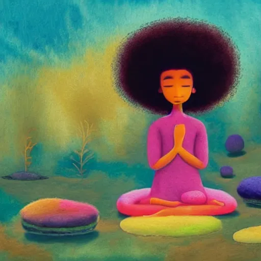 Image similar to a black girl with a colorful afro and big colorful eyes meditating in an african zen garden at sunset, bright colours, bokeh!!, watercolor, volumetric wool felting, macro photography, children illustration, by goro fujita