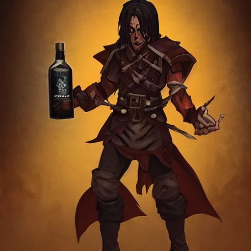 Image similar to DND concept character tan mercenary rogue, with long black hair, leather armor, possessed by a demon, holding a bottle of whisky