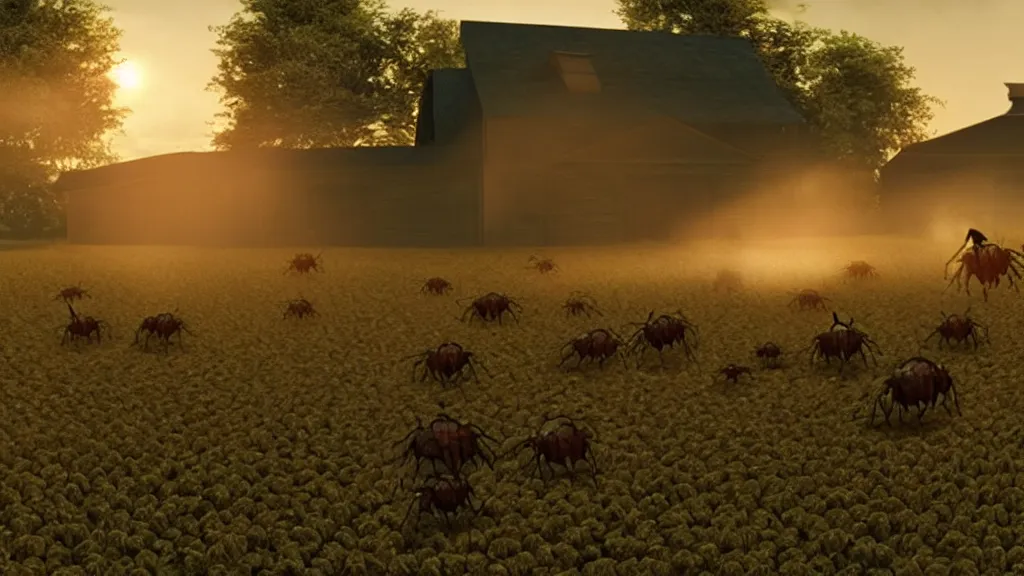 Image similar to giant insects terrorize a farm house, film still from the movie directed by Denis Villeneuve, golden hour