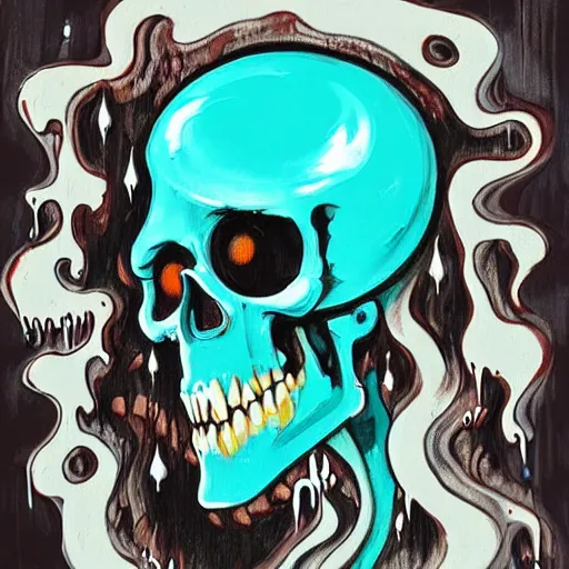 Prompt: drippy, dripping paint, skull, trippy, Miyazaki style, exaggerated accents