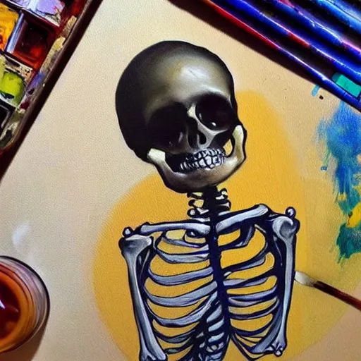 Image similar to human skeleton sitted and painting a beautiful painting