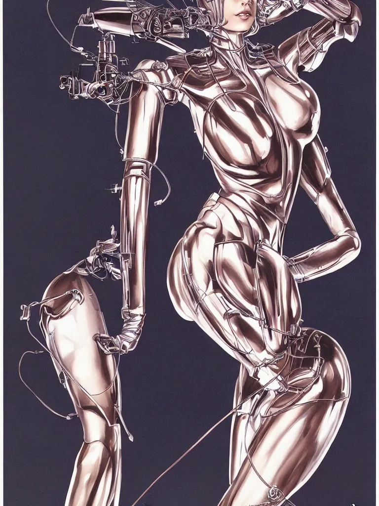 Prompt: a Royal portrait of chrome android woman as illustrated by Hajime Sorayama. 1991