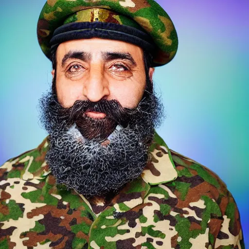 Image similar to professional portrait of a middle aged arab man with a beard wearing military camouflage and a beret, rainbow background, 8 k, very intricate, very detailed,