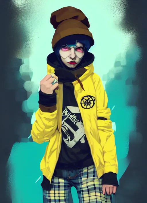 Image similar to highly detailed portrait of a sewer punk lady student, blue eyes, tartan hoody, hat, white hair by atey ghailan, by greg tocchini, by james gilleard, gradient yellow, black, brown and cyan color scheme, grunge aesthetic!!! ( ( graffiti tag wall ) )