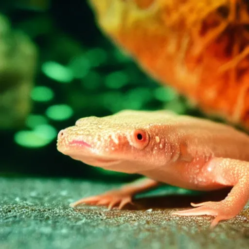 Image similar to Close up of an axolotl in an aquarium, insanely detailed, octane render, cinestill 800t, low light and soft focus