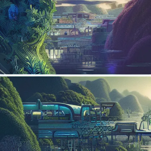 Image similar to beautiful happy picturesque charming organic futuristic sci - fi town in harmony with nature. water and plants. beautiful light. grainy and rough. soft colour scheme. beautiful artistic vector graphic design by vincent bons. ( 2 0 2 2 )