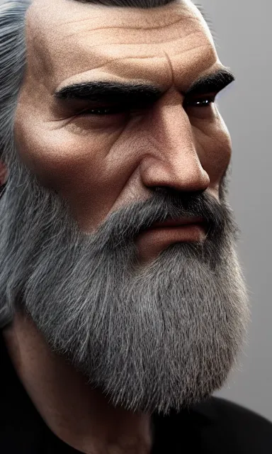 Prompt: face closeup covered with kind 4 5 year old caucasian man, symmetric face, wize medium look, medium sized eyebrows, gren and grey eyes, pale skin, silvergrey messy viking beard with some black hairs, shoulder long silvergrey hair, 3 d render, hyper - realistic detailed portrait, ruan jia, wlop