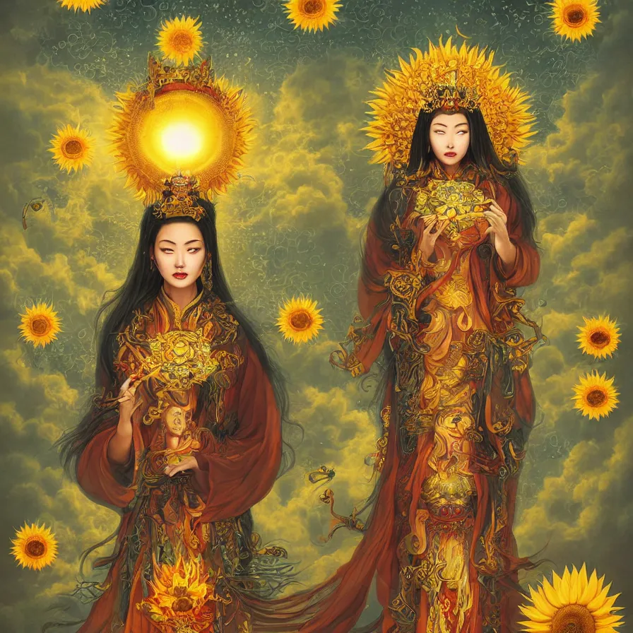 Prompt: The Chinese goddess of sunflower, who has a glowing third-eye and an helianthus-shaped golden crown, and presides over the rays of the sun with her sacred vision, by Anato Finnstark, Tom Bagshaw, Brom