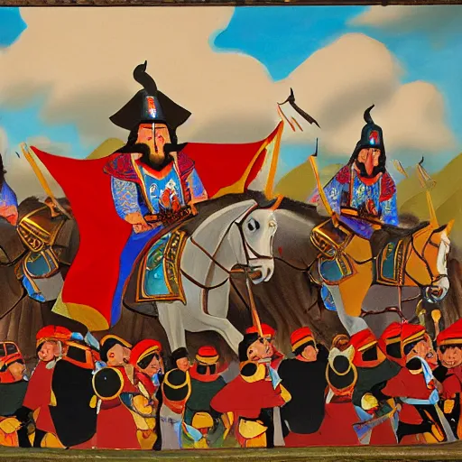 Image similar to genghis khan and his mongol horde ransacking disneyland, oil on canvas