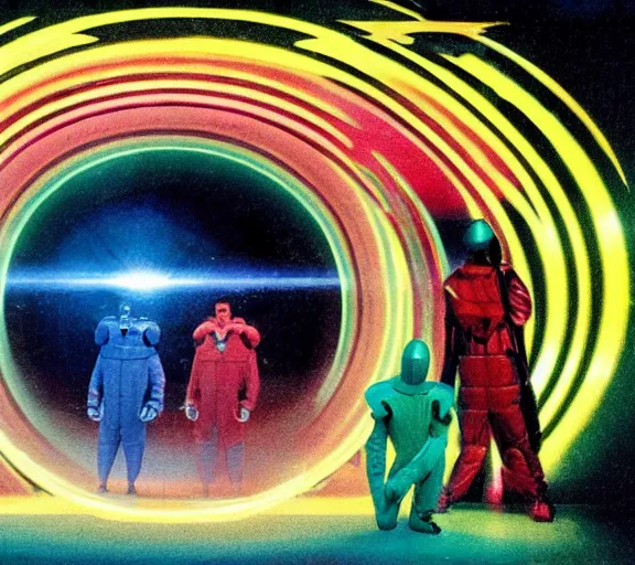 Prompt: two emperors of the time continuum wearing techno visors and red rick owens flight suits with their hands behind their backs inside the glowing geometric rainbow portal to the sixth dimension by frank frazetta h 5 7 6