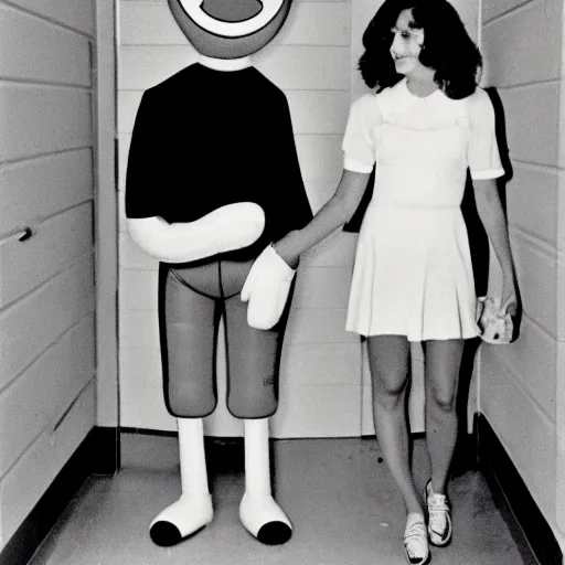 Image similar to 1978 teenage girl holds hands with smiley inflatable boyfriend at high school, color John Waters film, in school hallway, dirty walls, archival footage, technicolor film, 16mm, live action, Fellini, campy