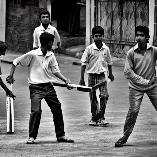 Image similar to four guys playing a game of cricket, on an indian street, award winning image, national geographic, dslr 3 0 mm image, black and white, wow, gorgeous