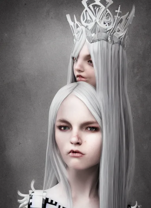 Image similar to An epic fantasy comic book style full body painting of a pale young girl with long straight white hair, she is wearing a chess pattern princess dress, Unreal 5, DAZ, hyperrealistic, octane render, cosplay, RPG portrait, dynamic lighting