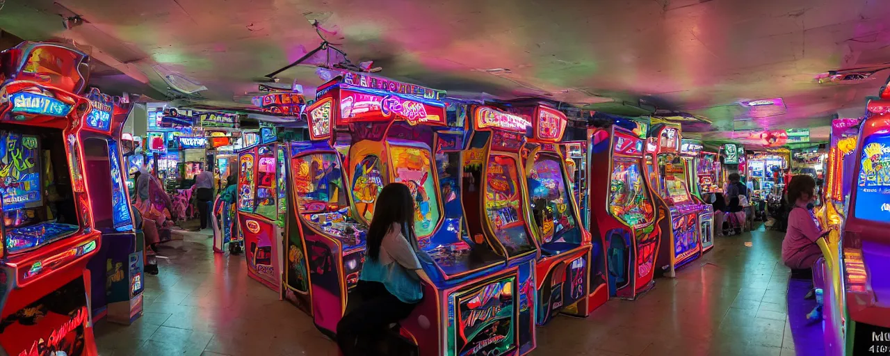 Prompt: A photograph from the 80's of a busy arcade, XF IQ4, 150MP, 50mm, F1.4, ISO 200, 1/160s, natural light