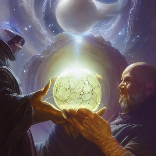 Image similar to creator of worlds wearing a cloak, masked, and holding a holographic planet projection in his hand, detailed, sci - fi, digital painting, artstation, sharp focus, illustration, ominous, artgerm, tomasz alen kopera, peter mohrbacher, donato giancola, joseph christian leyendecker, wlop, frank frazetta