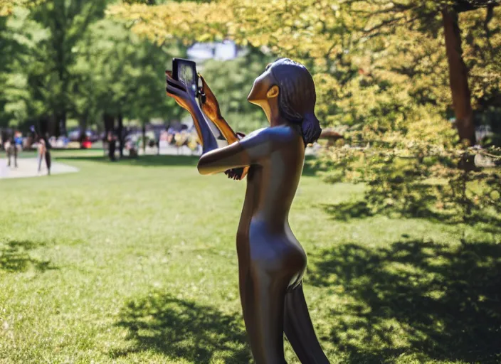 Image similar to photo still of a bronze statue of a woman using an iphone to take a selfie in a park on a bright sunny day, 8 k 8 5 mm f 1 6