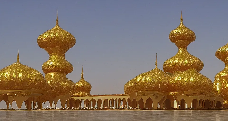 Image similar to a futuristic golden palace with arabian architecture by Moebius