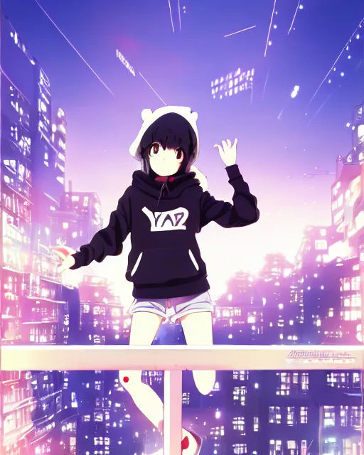 Image similar to anime visual, portrait of a young black haired girl wearing hoodie sightseeing above the urban street in bright day guardrail, cute face by yoh yoshinari, katsura masakazu, dramatic lighting, dynamic pose, dynamic perspective, strong silhouette, ilya kuvshinov, anime cels, rounded eyes, moody