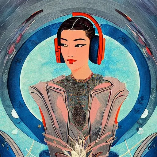 Image similar to intricate, amazing, art deco, retro vintage, painting by natelle quek, soft color palette, highly detailed, godess with headphones from space sci - fi of ancient religion