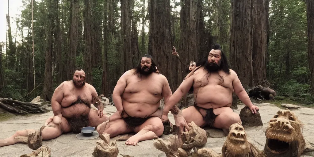 Image similar to photo, three hairy neanderthal people, sumo japanese, eating outside, surrounded by dinosaurs!, gigantic forest trees, sitting on rocks, bright moon, birthday cake on the ground, front view, emma! watson! is among them in bikini