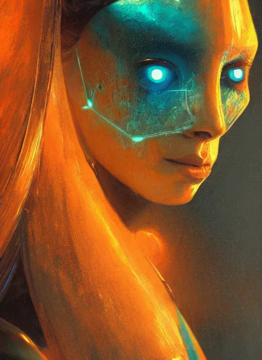 Prompt: ( ( symmetry ) ) closeup portrait of a stunning cyborg girl crying in tears, angular armor, strong cinematic light, backlit, teal orange, viscous volumetric smoke, mist, by gerald brom, by mikhail vrubel, by peter elson, muted colors, extreme detail, trending on artstation, 8 k