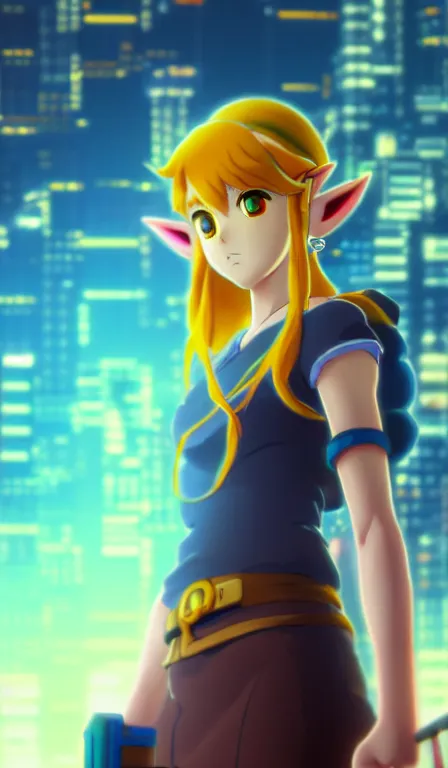 Image similar to anime fine details portrait of Zelda in front of cyberpunk moder city landscape on the background deep bokeh, close-up view, anime masterpiece by Studio Ghibli. 8k, sharp high quality anime, artstation