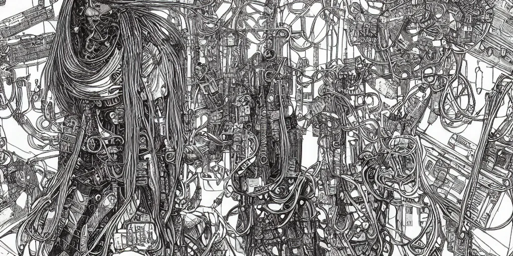 Prompt: highly detailed preraphaelite cyberpunk illustration colour a huge collection of entangled paperclips, low camera angle, full body shot