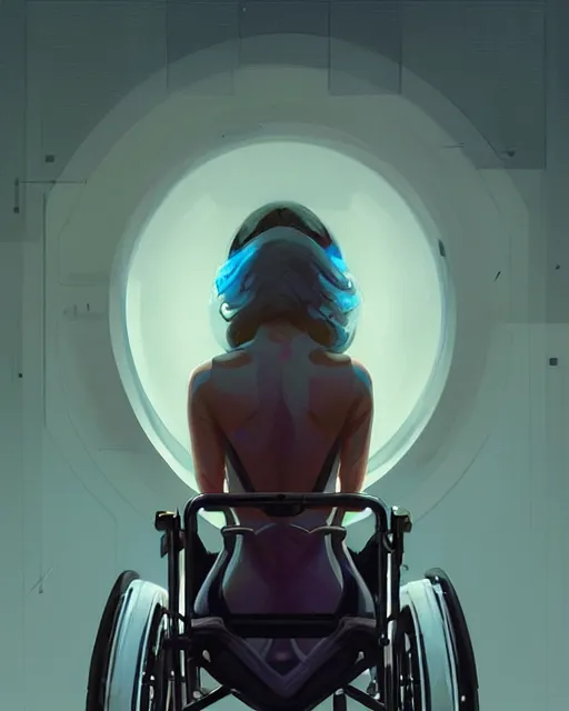 Prompt: masterpiece concept art, a beautiful highly detailed sci - fi lady on wheelchair, artist on 2 2 nd century, cinematic moody colors, realistic shaded lighting poster by ilya kuvshinov, magali villeneuve, artgerm, jeremy lipkin and michael garmash and rob rey,