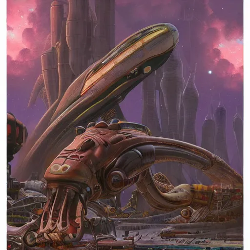 Image similar to rocket factory on ruined planet, alien mutant megafauna, moebius, mike mignogna, heavy metal magazine, highly detailed, rich colors, artgerm, trending on artstation