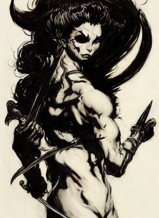 Image similar to portrait of demoness warrior, black iron tiara, strong line, deep color, beautiful! coherent! by frank frazetta, minimalism