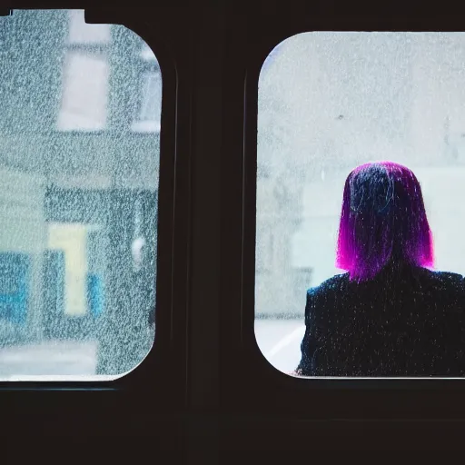 Image similar to a beautiful young woman with white hair looking out of a train window, cyberpunk city, photography, dslr 1 5 mm, rainy weather, 4 k