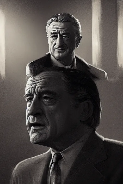 Image similar to portrait of Robert de niro as noir detective, Single face, dramatic lighting, cinematic, establishing shot, extremly high detail, photo realistic, cinematic lighting, post processed, concept art, artstation, matte painting, style by eddie mendoza, raphael lacoste, alex ross