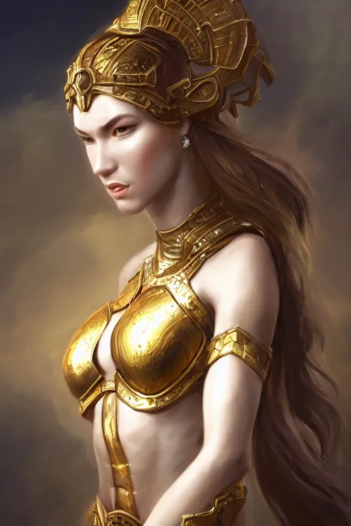 Image similar to three-quarters portrait pose of a beautiful woman, strong body, shining gold armor, human warrior, fantasy, intricate, elegant, highly detailed, digital painting, artstation, concept art, matte, sharp focus,D&D, illustration, art by Stanley Lau