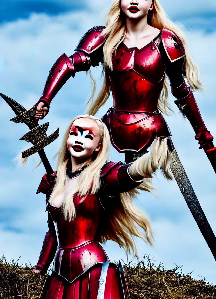 Prompt: dove cameron in a knight armor, full plate, photography, movie poster, red lipstick, blood stains, hair in the wind, shiny armor, victorious on a hill, battle field, full body, sword pointed at sky