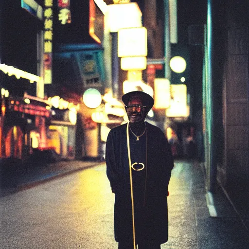 Image similar to old black man in tokyo at night, wearing gold chain, gold rings, cinestill 8 0 0,