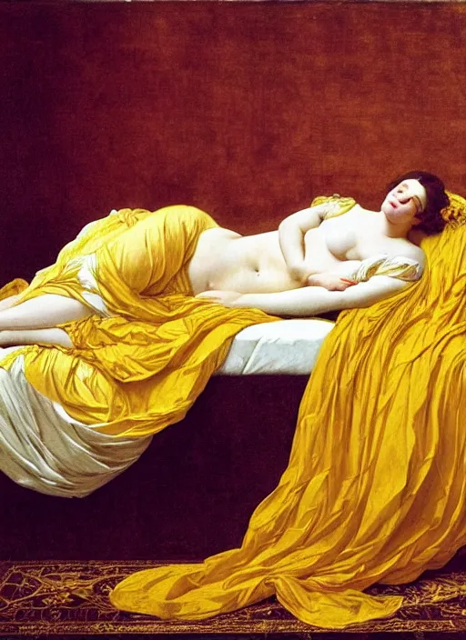 Image similar to masterpiece portrait of lady reclining on bed, rococo flowing cloth in wind raising twisting rising sheets floating in wind flying, wearing yellow ochre ornate medieval dress, vertical, foreshortening, colour photography by frederic leighton, william morris, 8 k