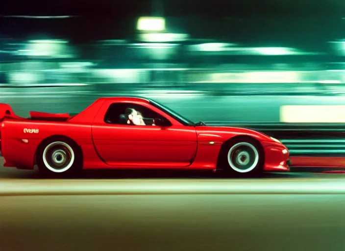 Image similar to fd rx - 7 1 9 9 9 candy - apple - red racing down highway, night - time, japan film photo motion blur front side view ( ( ( ( wadim kashin wenjun lin ) ) ) )