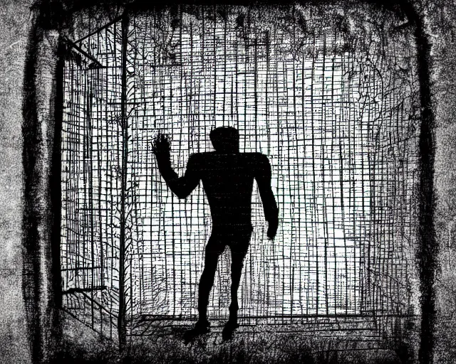 Prompt: a horrible shadow monster looming over a man trapped in a cage, vibrant, full shot