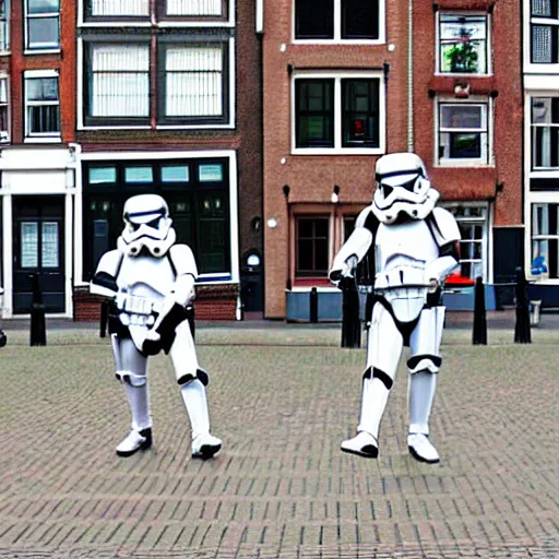 Image similar to stormtroopers walking in amsterdam, digital art