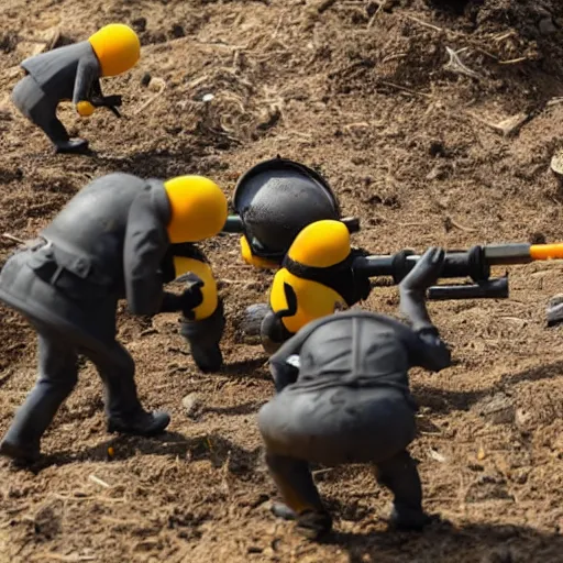 Image similar to minions firing a mortar from a mortar pit, debris and dirt flying from recoil, smoke, war photography