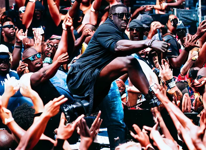 Prompt: photo still of wesley snipes from demolition man on stage at vans warped tour!!!!!!!! at age 3 3 years old 3 3 years of age!!!!!!!! stage diving into the crowd, 8 k, 8 5 mm f 1. 8, studio lighting, rim light, right side key light