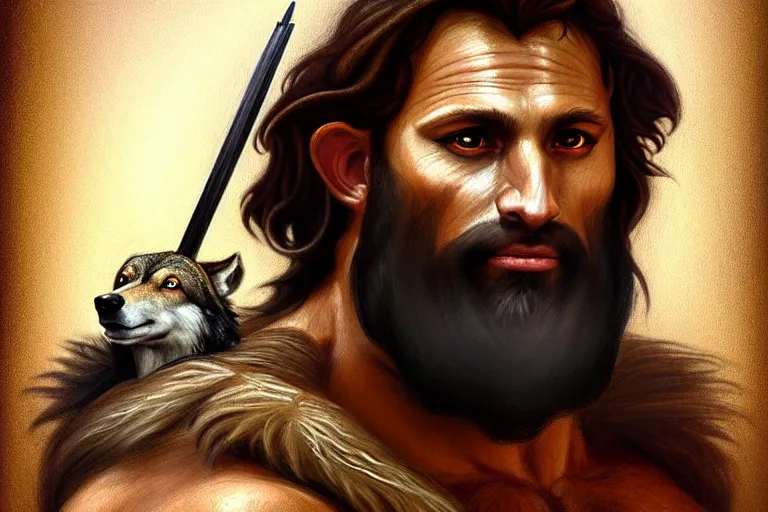 Prompt: painterly full body portrait of a gruff biblical ranger with a wolf, lean and toned, handsome face, hairy chest and hairy body, D&D, intricate, elegant, highly detailed, digital painting, artstation, concept art, matte, sharp focus, chiaroscuro, well lit, illustration, art by Leonardo da Vinci, Artgerm and Greg Rutkowski and Alphonse Mucha