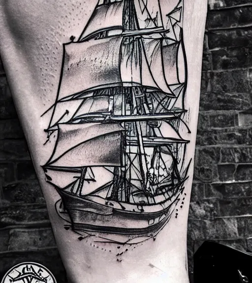 Image similar to A realistic tattoo design sketch of a pirate ship, paper background, black and white, highly detailed tattoo, shaded tattoo, hyper-realistic tattoo