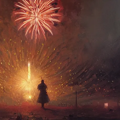 Prompt: a beautiful realistic painting of a firework festival at night time koyosan, intricate, elegant, highly detailed, digital painting, artstation, nier automata concept artsyle, by krenzcushart, artem demura, makoto shinkai, alphonse mucha