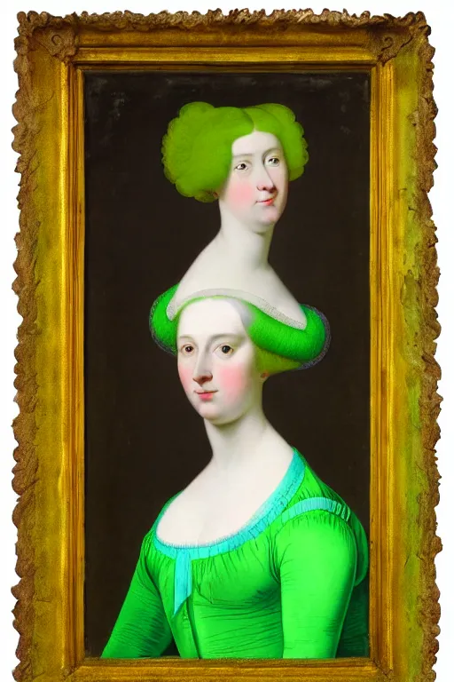 Image similar to portrait of a young pale woman with pink hair, wearing a neon green dress, intricate details, in the style of James Jean and Jean Auguste Dominique Ingres