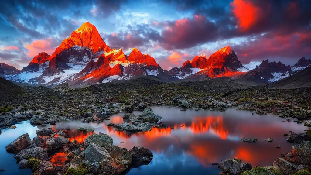 Image similar to amazing landscape photo of mountains with lake in sunset by marc adamus, beautiful dramatic lighting